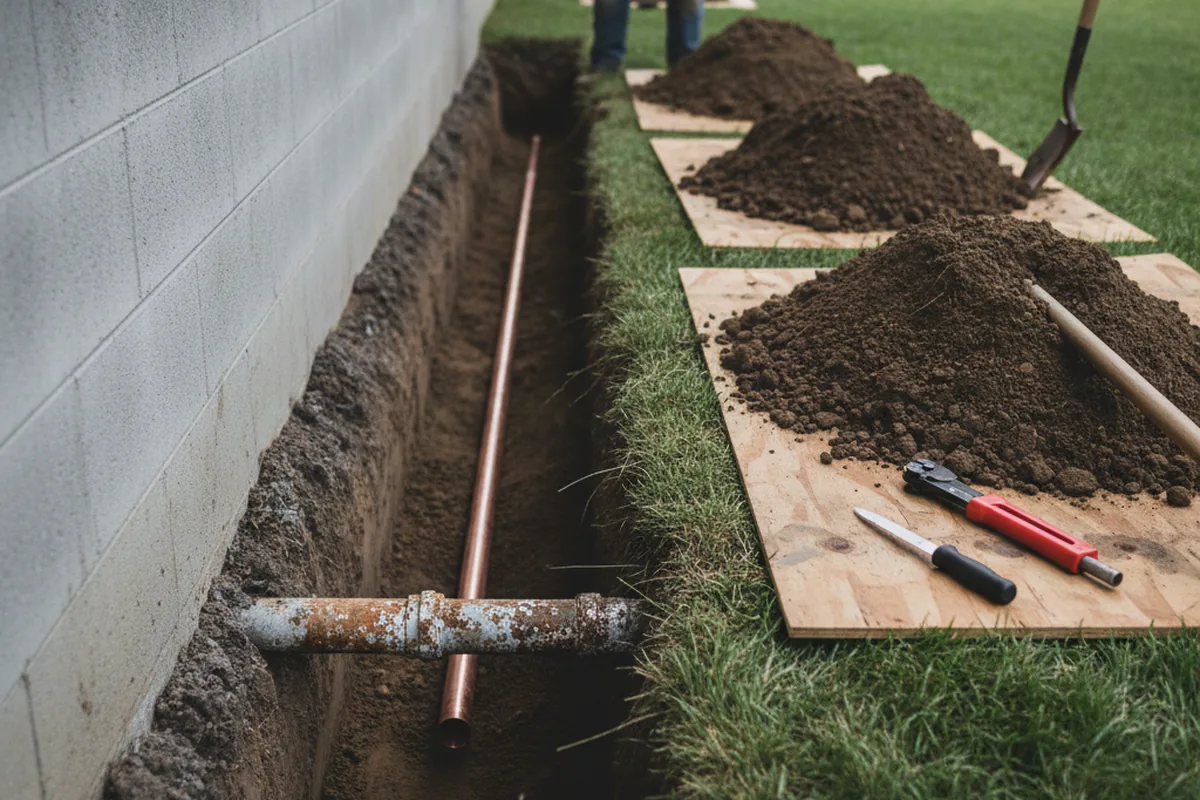 Excavated water line trench during Sewer Line Repair in West Stockbridge